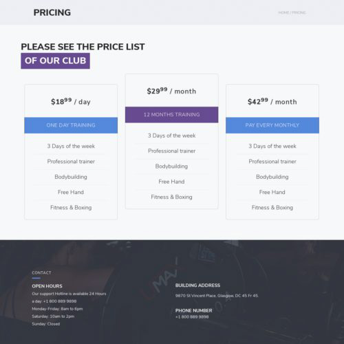 Webdesign for Lifestyle Gym - pricing